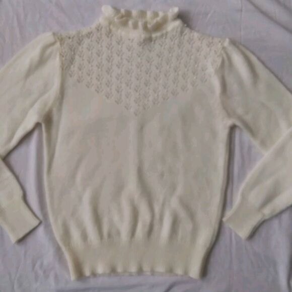 Vintage Cottagecore Knit Pointelle Sweater Ruffle Neckline Ivory Womens Medium - Picture 2 of 6